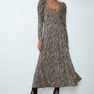 Zara Leopard Print Midi Puff Long Sleeve Dress